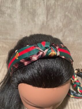 Knotted Headband with Green & Red Striped Bee Embroidery and Pink Leopard Accent